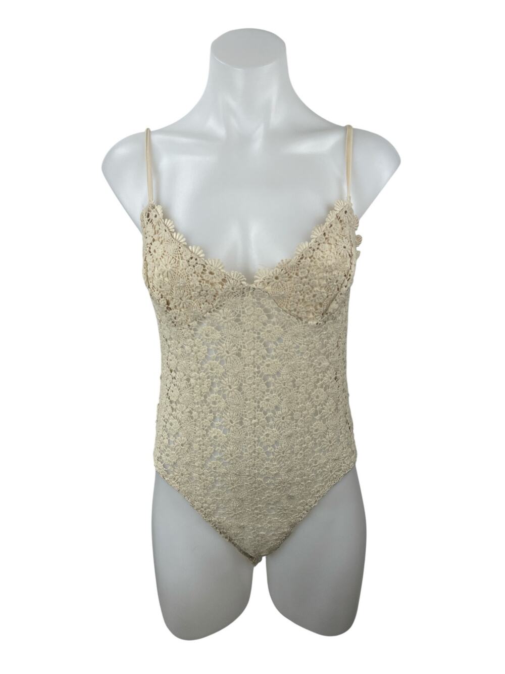 H&M Women's Beige Floral Lace Eyelet Crochet Sleeveless Camisole Tank Bodysuit M